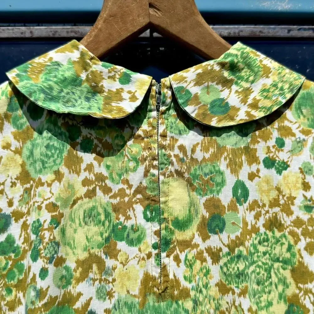 60s mod green cotton day dress magyar sleeve underarm gusset peter pan collar